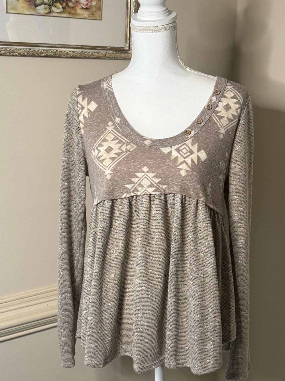 Sugarfoot Boho Taupe Aztec Empire Waist Long Sleeve Dress